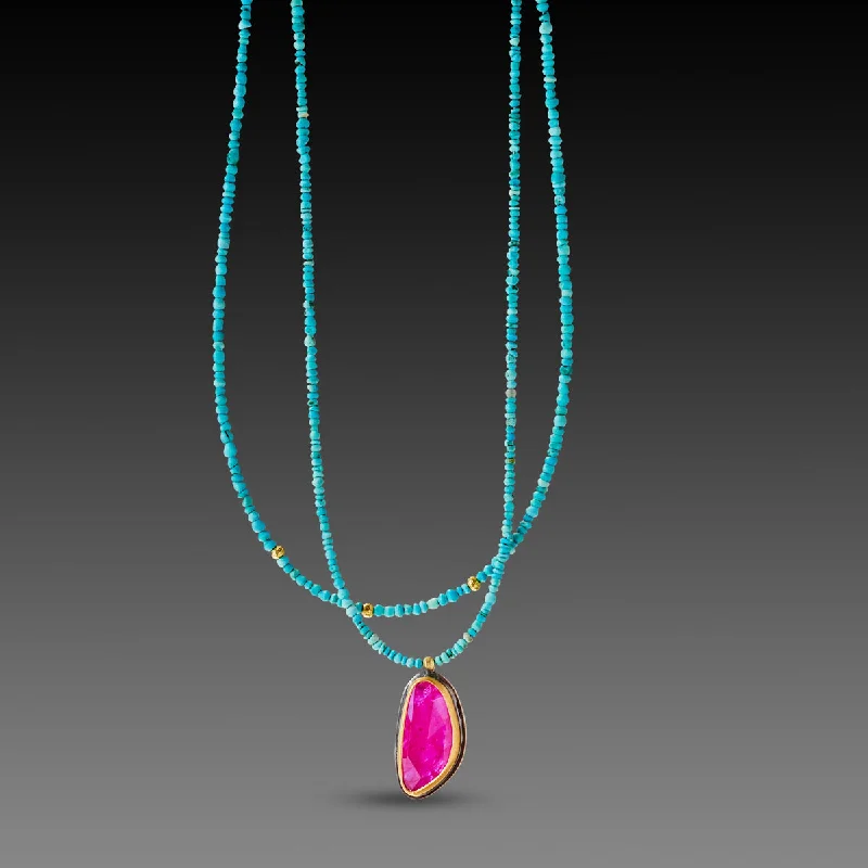 High-gloss necklaces-Double Strand Turquoise Necklace with Ruby