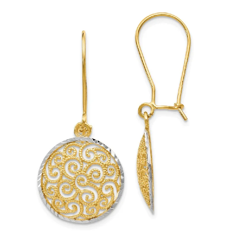 Subtle star earrings-15mm Filigree Circle Dangle Earrings in 14k Yellow Gold & Rhodium