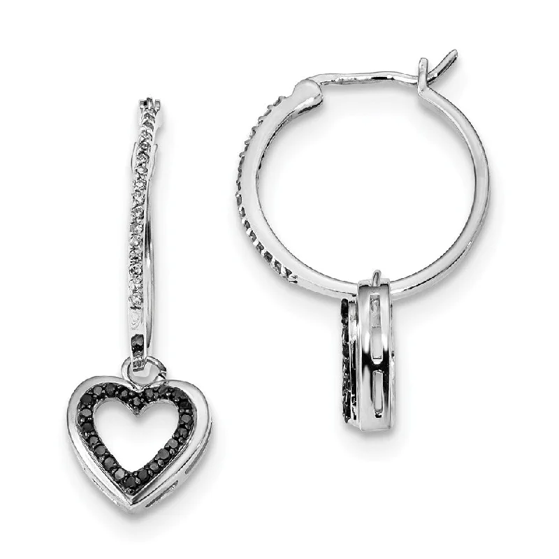 Braided bead earrings-Black & White Diamond Dangle Heart Hoop Earrings in Sterling Silver