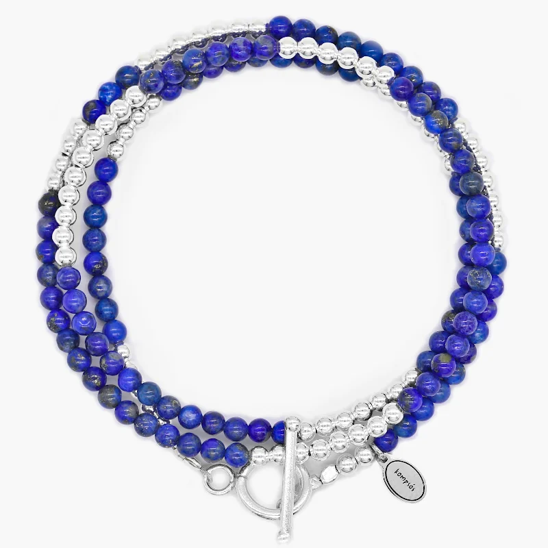 Braided bead bangles-3 Laps Bracelet With Natural Lapis Lazuli And Sterling Silver Beads