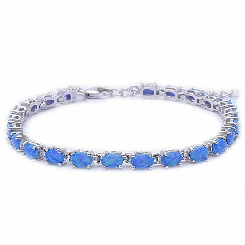 Twine wrap bracelets-Sterling Silver Blue Lab Opal Oval Tennis Bracelet