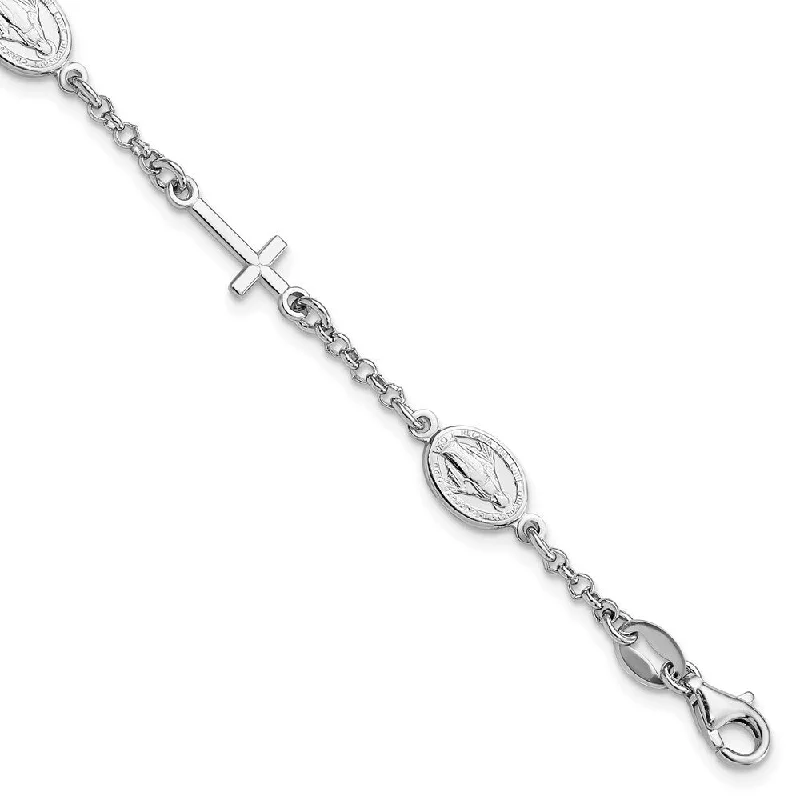 Hope charm bangles-925 Sterling Silver Rhodium-Plate Cross Miraculous Medal Bracelet, 6" w/1in Extender