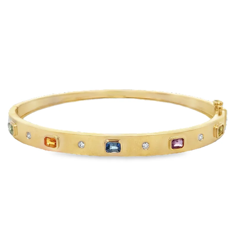 Flush clasp bangles-Multicolored Sapphire Bangle Bracelet in Yellow Gold