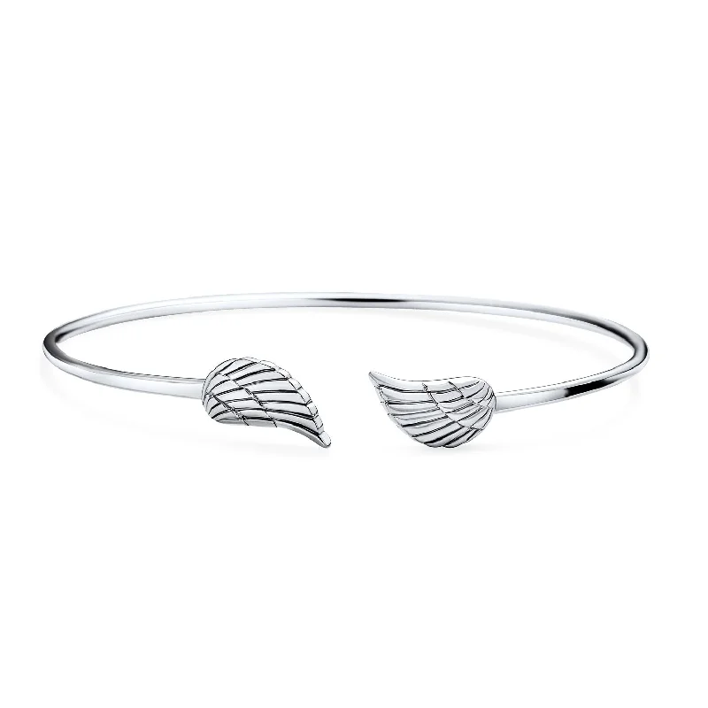 Oxidized bronze bangles-Dainty Guardian Angel Wing Feather Cuff Bracelet Sterling Silver