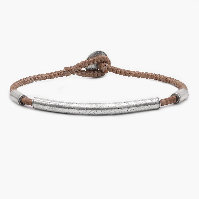 Embossed metal bangles-Braided Bracelet With Sterling Silver Bar (Light Brown)