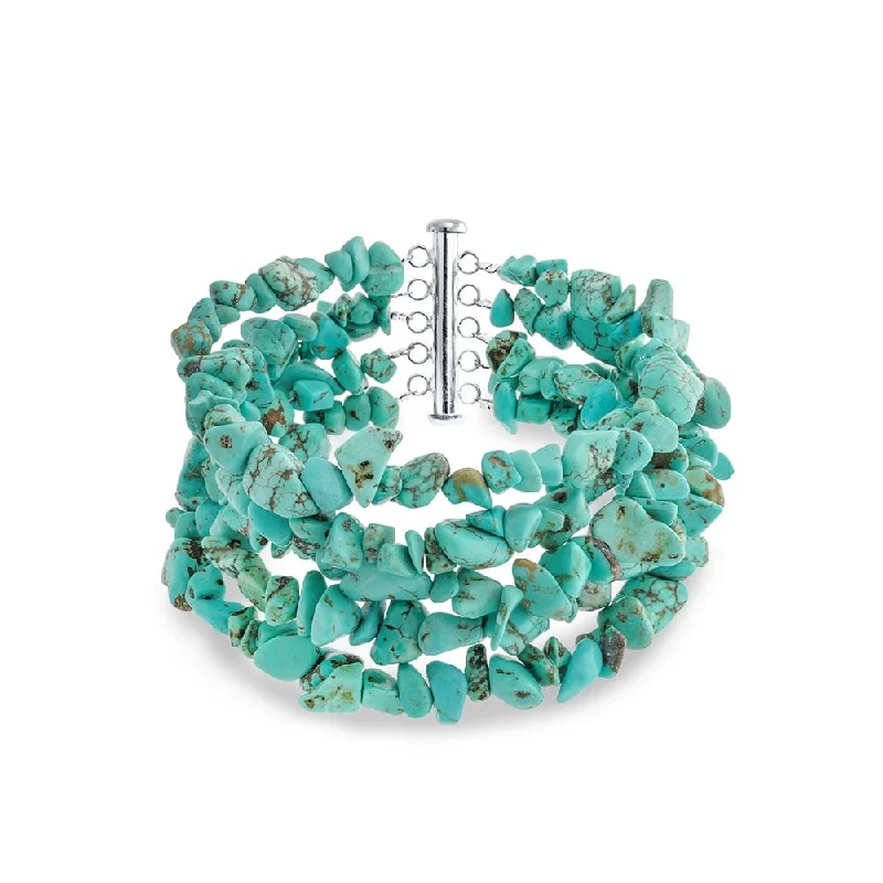 Wave shape bracelets-Statement Gemstone Blue Turquoise Multi Strand Bracelet Silver Clasp