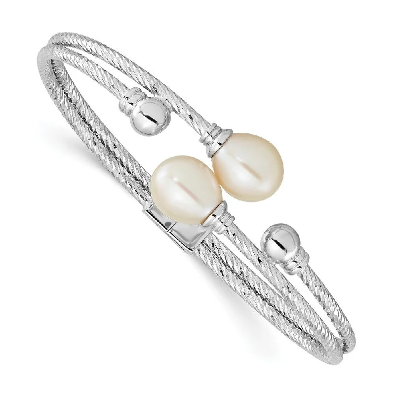 Wave shape bracelets-925 Sterling Silver Rhodium-plated White Teardrop FWC Pearl Hinged Bangle Bracelet, 6" (W-4.95mm)