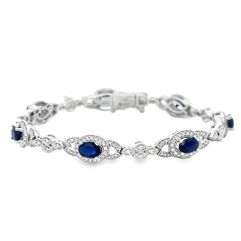 Artisan-made bangles-Vintage Inspired Sapphire and Diamond Bracelet in White Gold