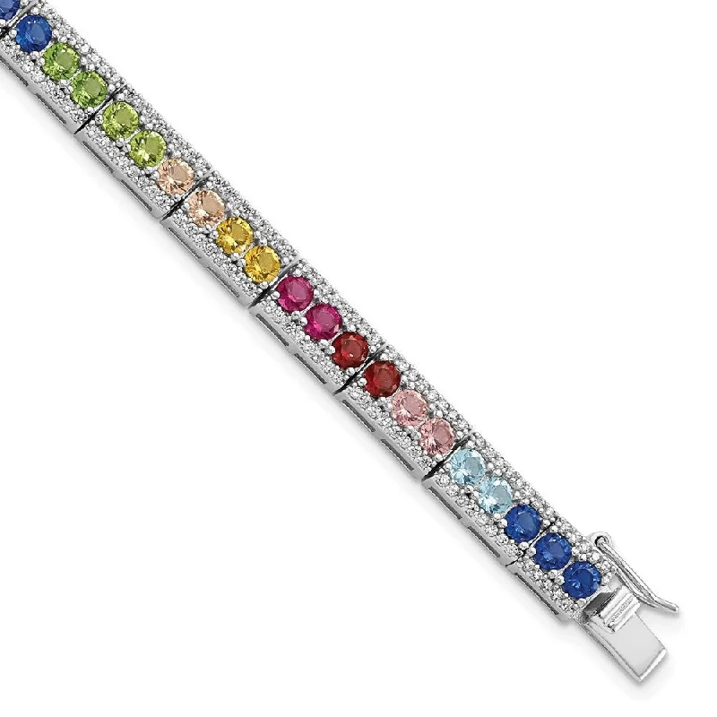 Sturdy geometric bracelets-925 Sterling Silver Rhodium-plated Cubic Zirconia and Multicolor Nano Crystals Bracelet, 7.5" (W-5.75mm)