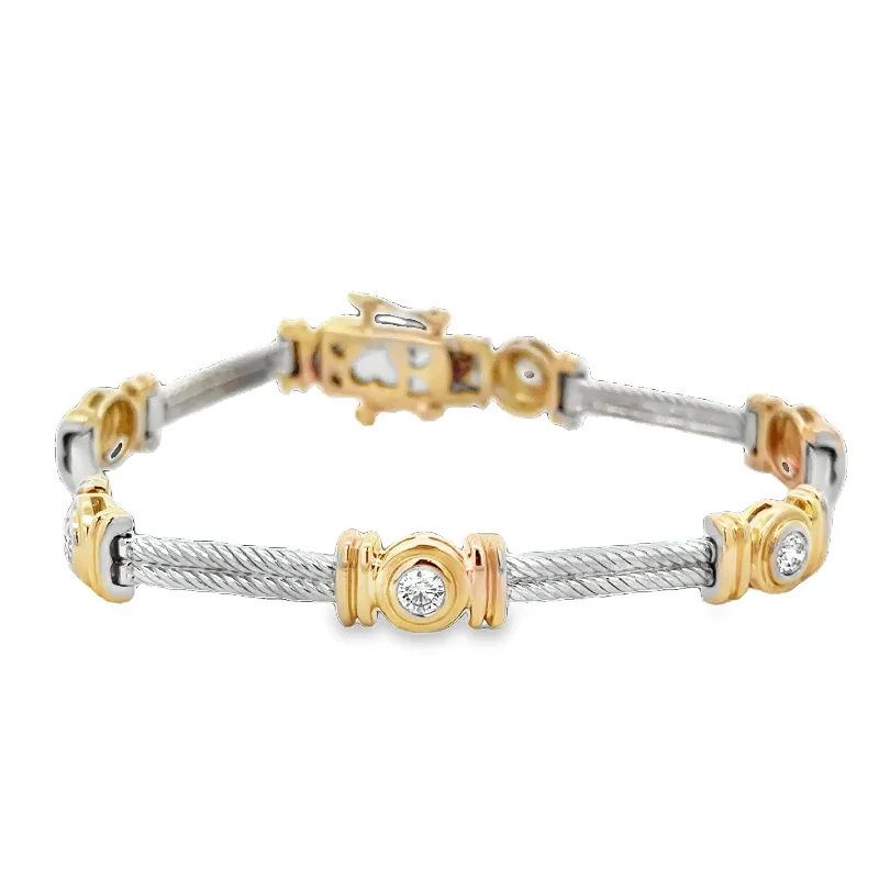 Spiral wire bangles-Two Tone Diamond Bezel Bracelet in 14k Gold