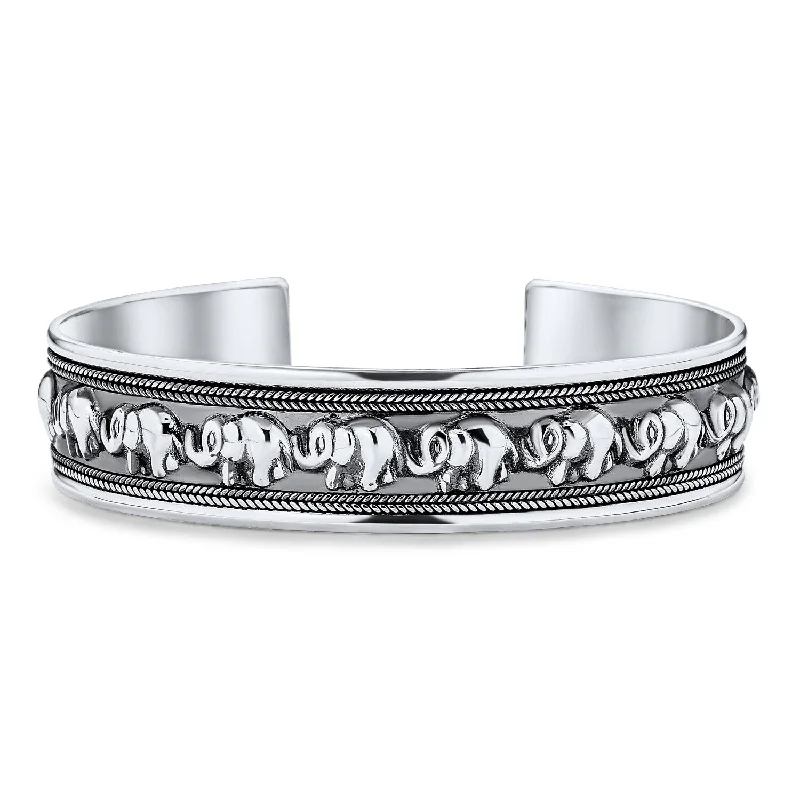 Sturdy geometric bracelets-Bali Style Elephant Cuff Bracelet Oxidized Sterling Silver Good Luck