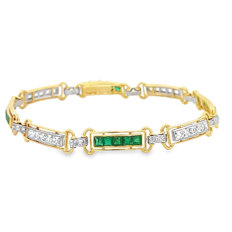 Crystal charm bracelets-Antique Emerald and Diamond Bracelet in 18k Yellow Gold and Platinum 8.5" Long