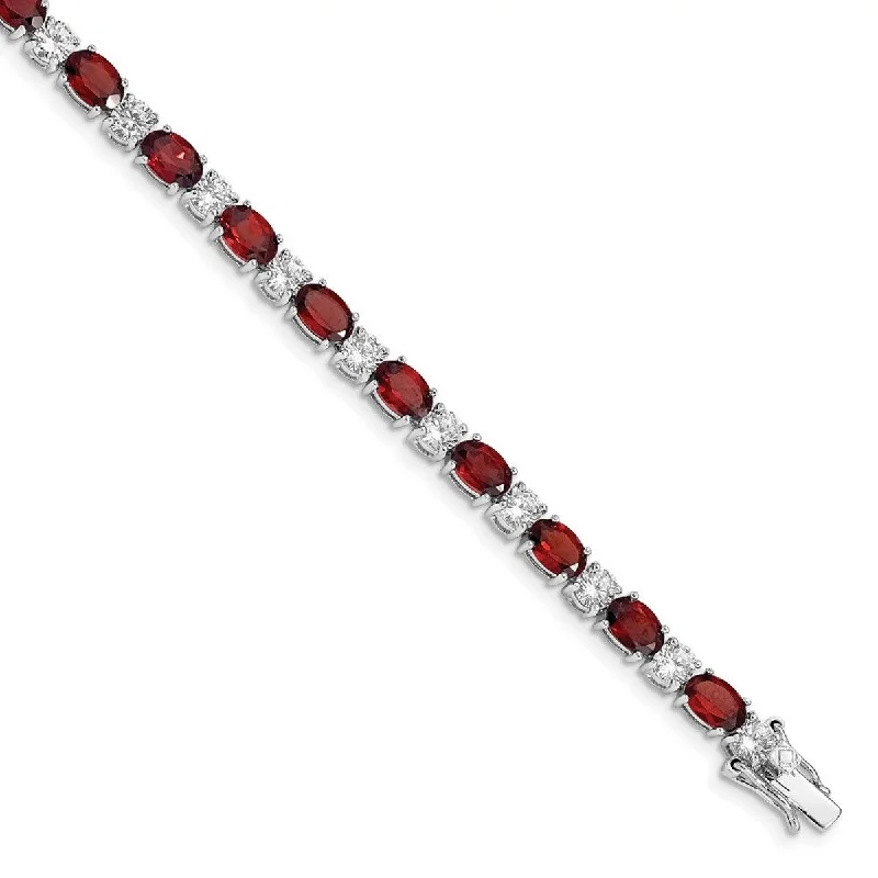 Polished silver bangles-Curata 925 Sterling Silver Polished Box Catch Closure Garnet and CZ Cubic Zirconia Simulated Diamond Bracelet 7.5 Inch Box Clasp