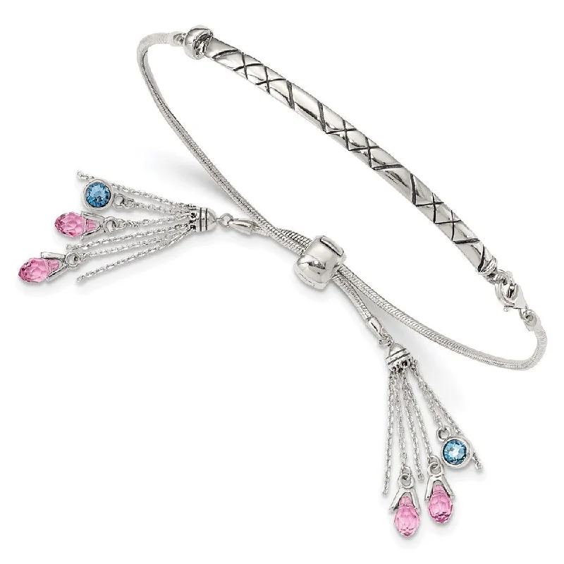 Braided bead bangles-925 Sterling Silver Crystal Briolette Adjustable Bracelet, "