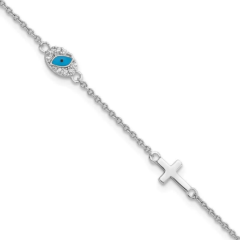 Intricate accent bangles-925 Sterling Silver Rhodium Cubic Zirconia Enamel Cross Bracelet, 7.5" w/1in Extender