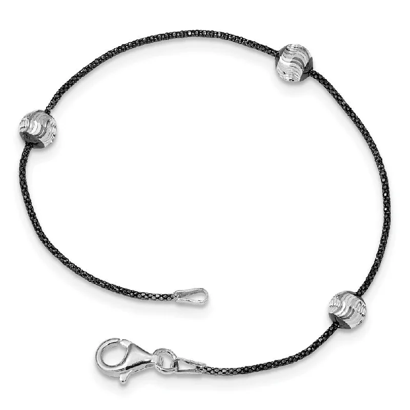 Lavish cuff bangles-925 Sterling Silver & Ruthenium Diamond-Cut Bead Bracelet, 7.5"