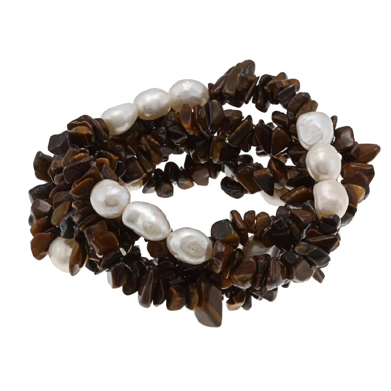 Stained wood bracelets-DaVonna White Baroque FW Pearls and Tiger Eye 5 Stretch Bracelets Set (7-8 mm)