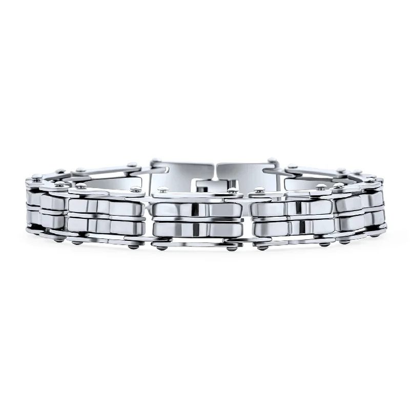 Braided bead bangles-Biker Mechanic Chain Link Bracelet Men - Silver Tone Stainless Steel - Silver A