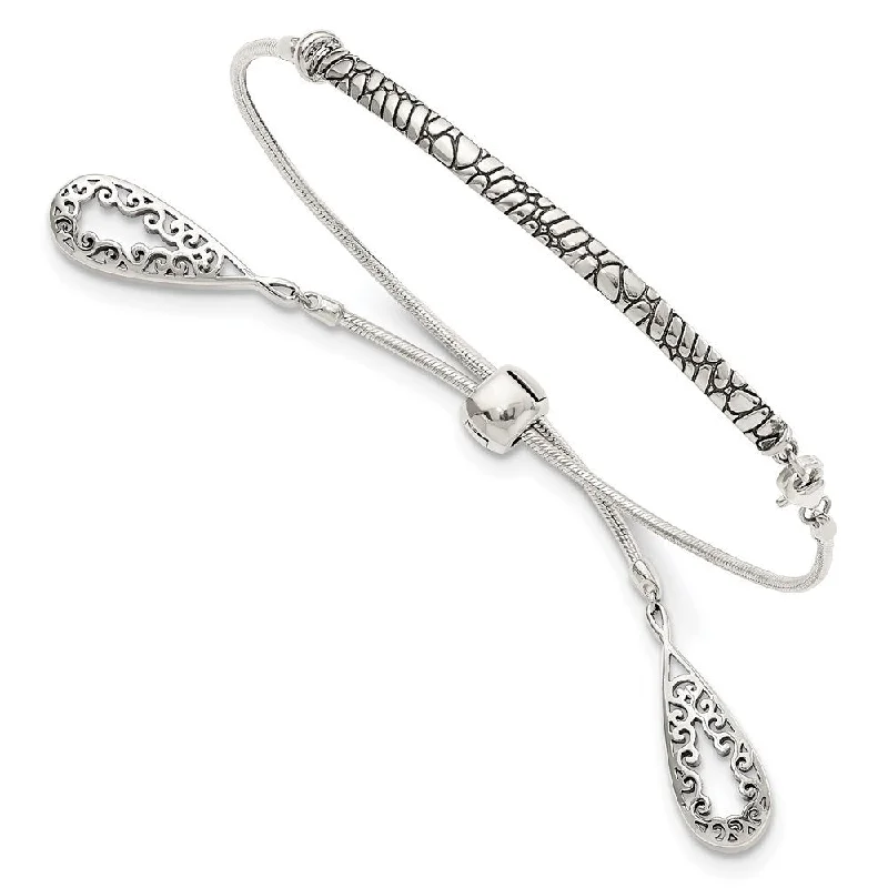 Satin weave bracelets-925 Sterling Silver Filigree Teardrops Adjustable Bracelet, "