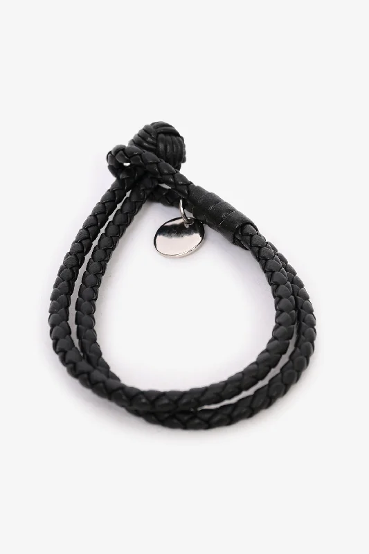 Knit cord bracelets-Bottega Veneta Black Woven Leather Bracelet Mens