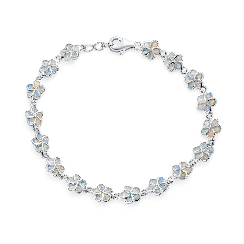 Flex bangle bracelets-Plumeria Hawaiian Flower White Created Opal Link Bracelet Silver - Silver White