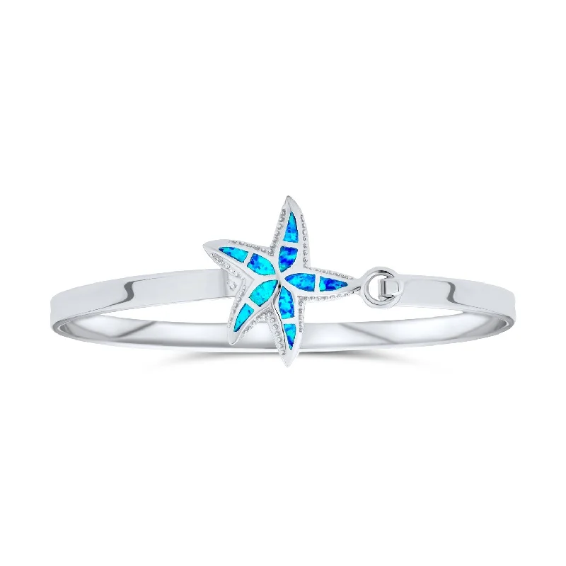 Solar theme bangles-Nautical Starfish Blue Opal Bangle Bracelet Polished Sterling Silver