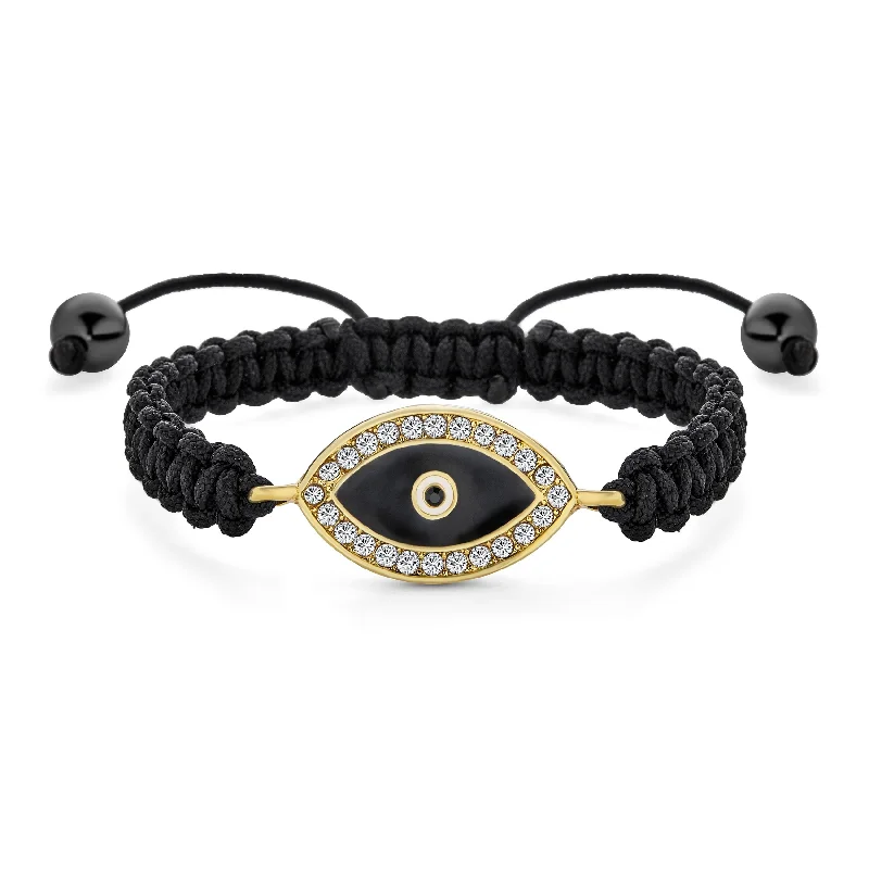 Intricate filigree bangles-Black Braided Cord Strand Bracelet Evil Eye Crystal Accent Gold Plated Charm