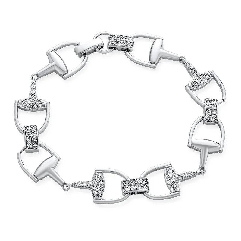 Artisan-made bangles-Horse Snaffle Bits Equestrian Chain Link Bracelet CZ Pave Sterling Silver Gift