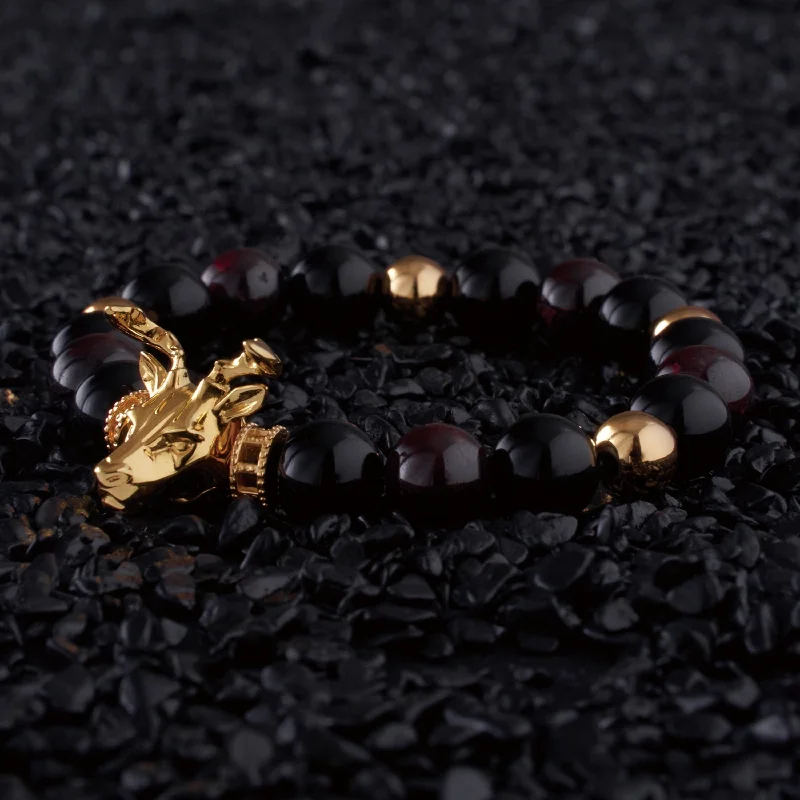 Bare dot bangles-Gold Deer, obsidian, garnet bracelet with gold connector