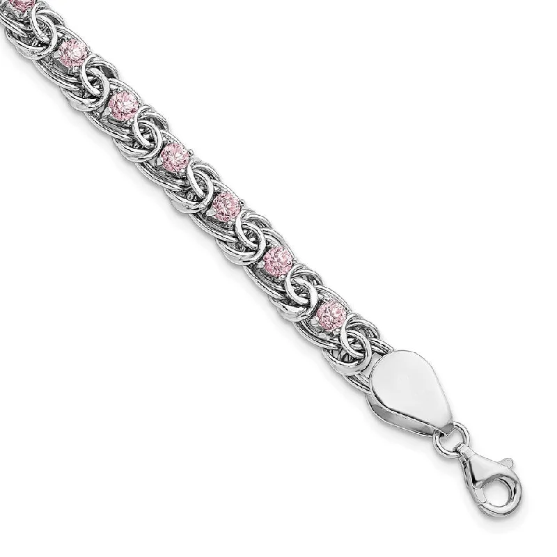 Ripple pattern bracelets-925 Sterling Silver Rhodium-plated Pink Cubic Zirconia Flat Link Bracelet, 7.5" (W-5.99mm)