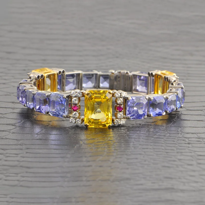 Tiny star bracelets-Oscar Heyman Vintage 1940s Blue and Yellow No-Heat Sri Lankan Sapphire Statement Bracelet in Platinum