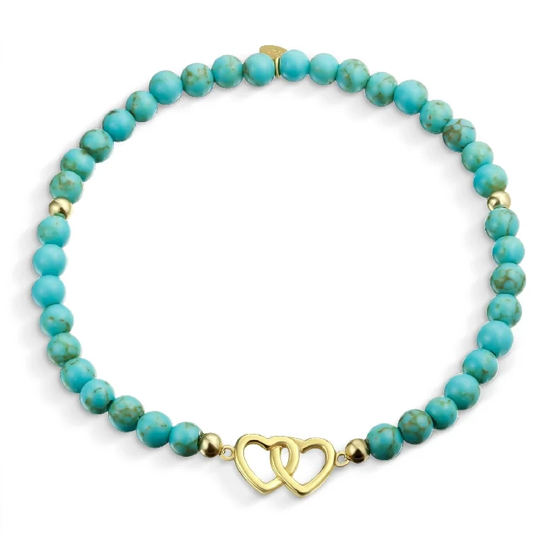 Crystal link bracelets-Interlocking Hearts BFF Turquoise Bead Stretch Bracelet Gold Plated Silver