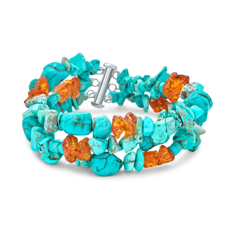 Quirky bangles-Statement Blue Turquoise Amber Resin Multi Strand Bracelet Silver Clasp - Aqua Turquoise