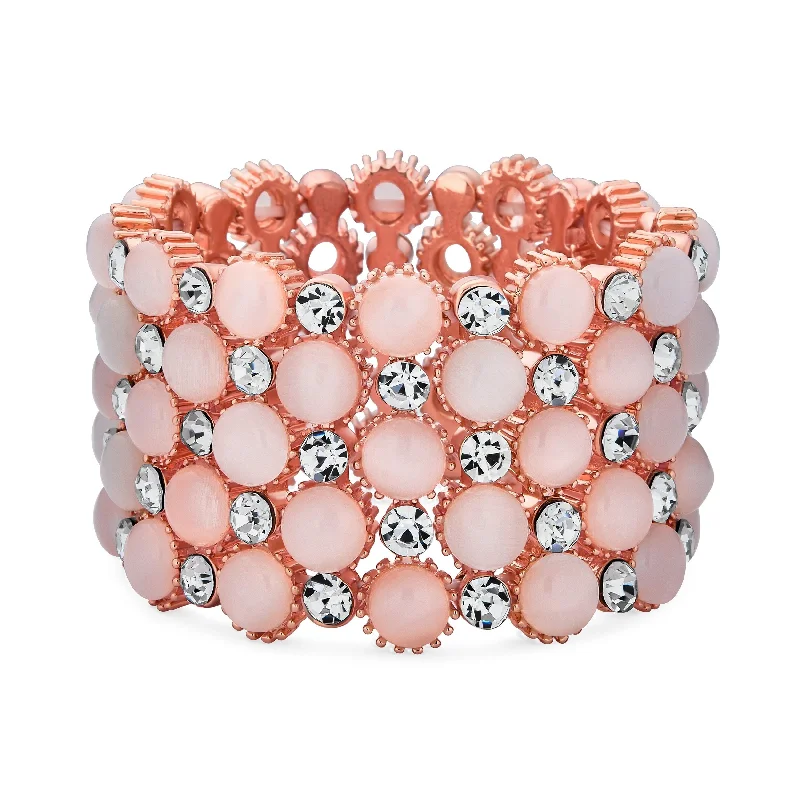 Crystal-wrapped bangles-Holiday Fashion Pink Cats Eye Crystal Stretch Bracelet Rose Gold Plated Cuff