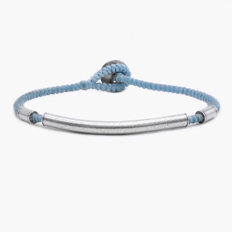 Polished silver bangles-Braided Bracelet With Sterling Silver Bar (Light Blue)