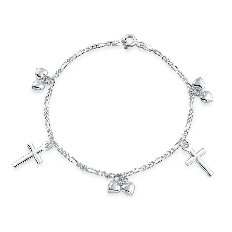 Oval design bangles-Christian Chain Link Bracelet with Cross & Heart Charms Sterling Silver 6-7 In