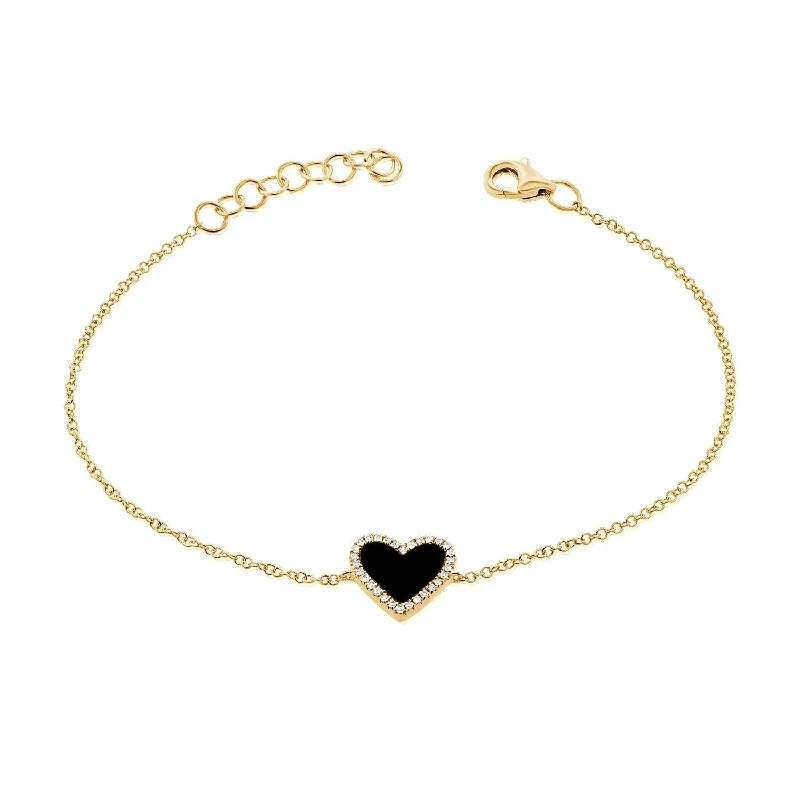 White quartz bangles-Joelle Collection Diamond & Black Agate Heart Chain Bracelet 14K Gold