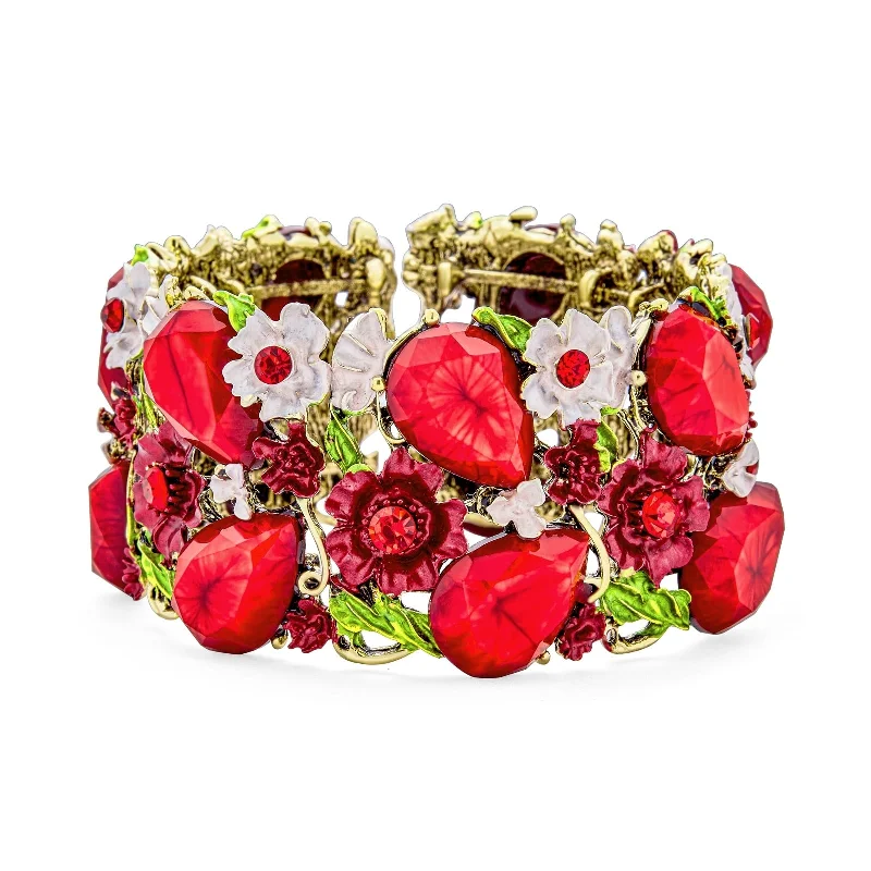 Lavish stone bracelets-Wide Red Crystal Flower Cuff Bracelet Oxidized Gold Plating Flexible Design