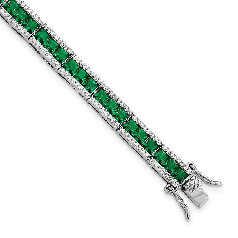 Bowed charm bangles-925 Sterling Silver Cheryl M RH-plated Princess-cut Green Crystal Cubic Zirconia Bar Bracelet, 7.25" (W-5.6mm)