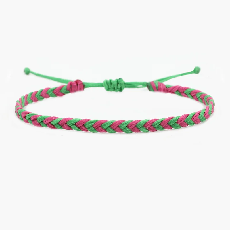 Artisan-made bangles-Adjustable Mini Braided Bracelet (Green/Burgundy)