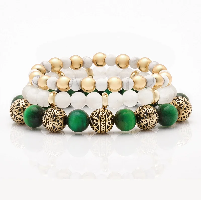 Open frame bangles-Green Tiger Eye Gold Bracelet with Howlite & White Jade Bracelet