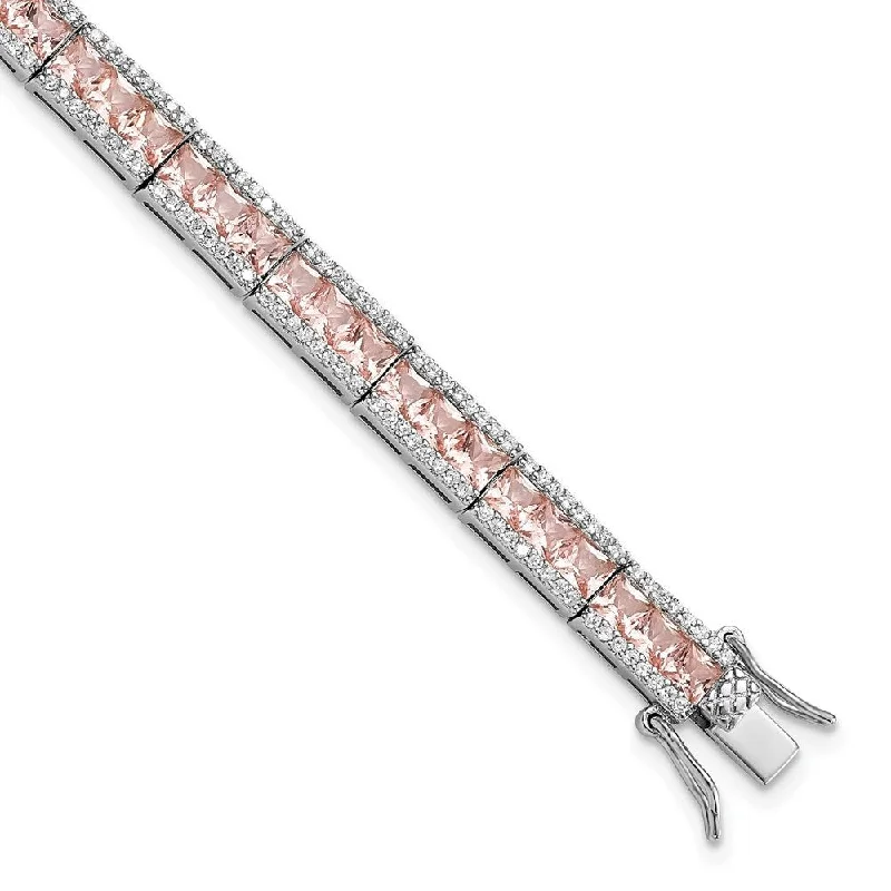 Fired clay bracelets-925 Sterling Silver Cheryl M Rhodium Princess-cut Pink Nano Crystal and Cubic Zirconia Bracelet, 7.25" (W-5.6mm)