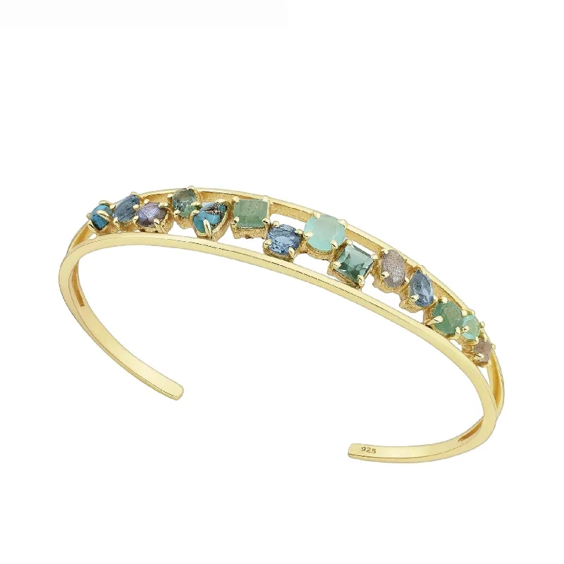 Slim rose bangles-Exquisite 18K Gold Plated Sterling Silver Cuff Bracelet with a Vibrant arrangement of Gemstones