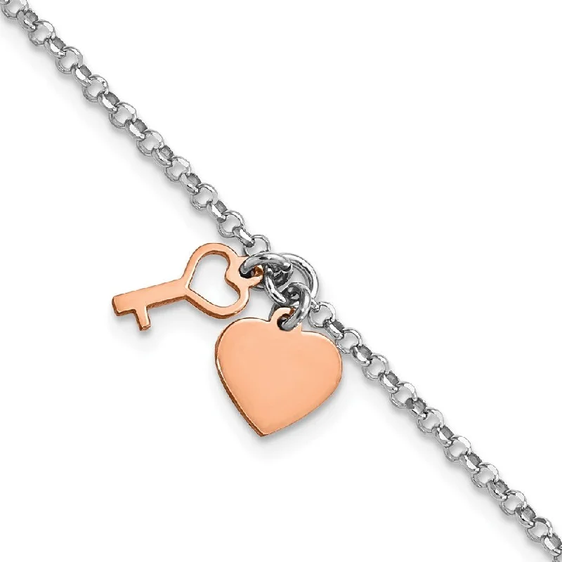 Lavish stone bracelets-925 Sterling Silver Rhodium Rose-tone Heart & Key Bracelet, 6" w/1.5in Extender