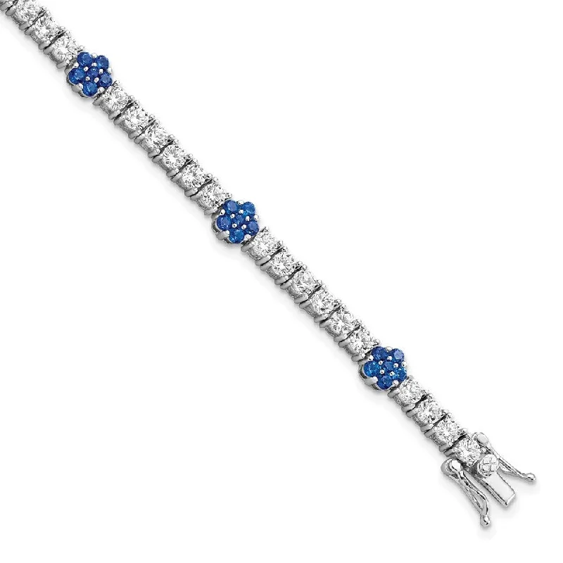 Slim stack bracelets-925 Sterling Silver Rhodium-plated Created Blue Spinel & Cubic Zirconia Flower 7in Bracelet, 7" (W-5.45mm)