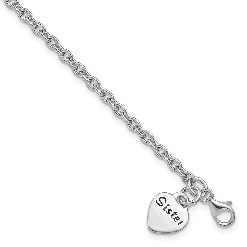 Night gothic bracelets-925 Sterling Silver Rhodium-plated Antiqued Sister Heart Dangle Bracelet