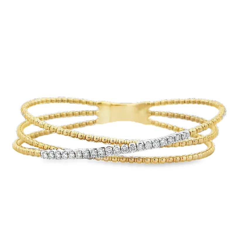 Broad gold bracelets-Flexible Triple Row Diamond Bracelet in Two Tone Gold