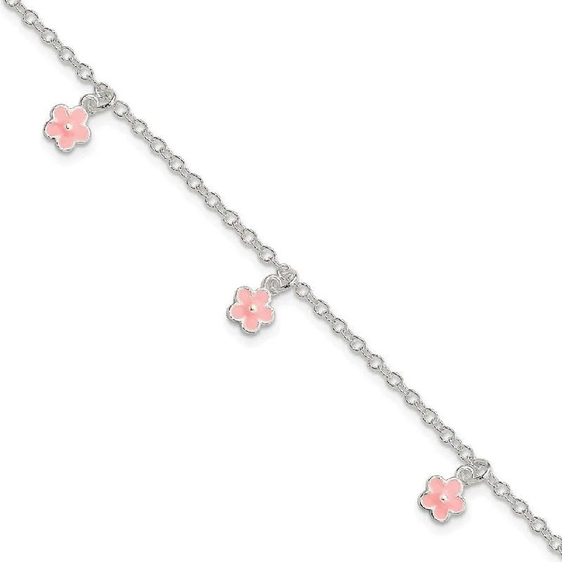 Multi-bead bracelets-925 Sterling Silver Pink Enamel Flower Kid's Bracelet, 5.5" w/1.5in Extender