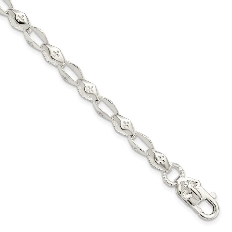 Etched word bracelets-925 Sterling Silver Cross w/Fleur de Lis Clasp Bracelet, 8" (W-4.75mm)