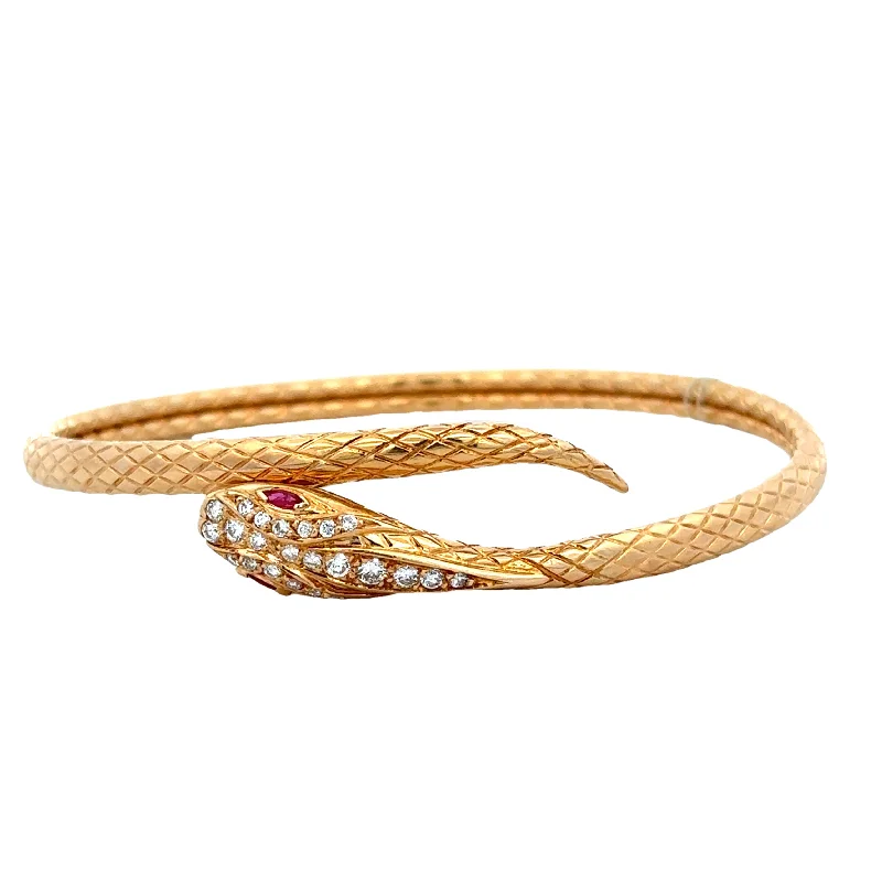 Sturdy chain bracelets-Ruby and Diamond Snake Bangle Bracelet in 18k Yellow Gold